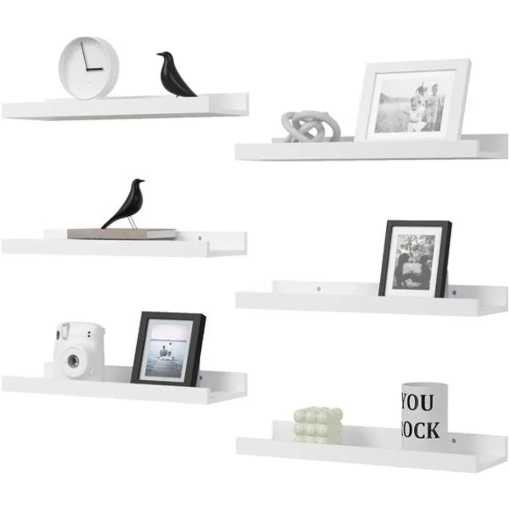 Floating Shelves Set of 6, White Wall Shelves with Lip, Display Shelves